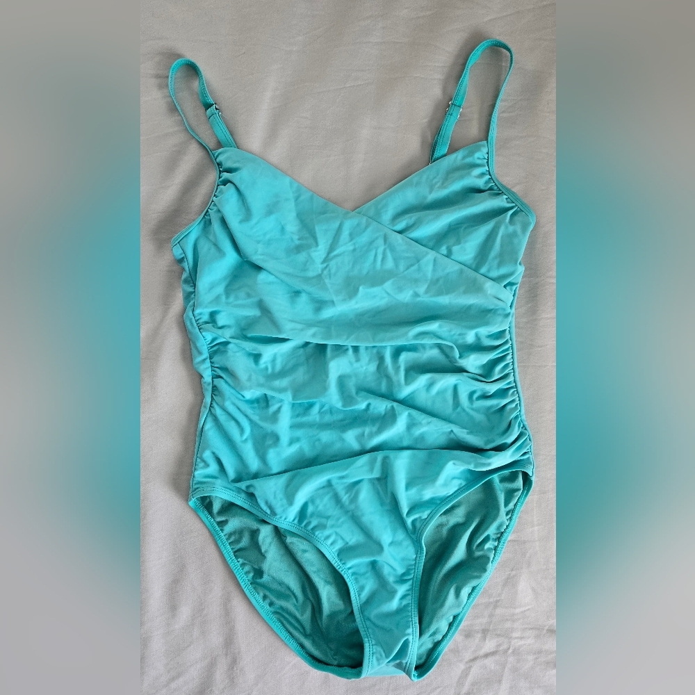 Caribbean Joe Light Turquoise Draped Front One Piece Swimsuit Size 12 Used